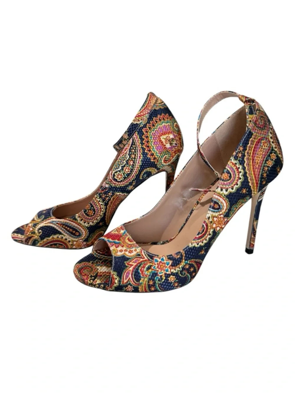 Jolimall Paisley Blue Yellow Orange Pink Ankle-Strap Peep-Toe Heels Size 9 - Picture 8 of 11